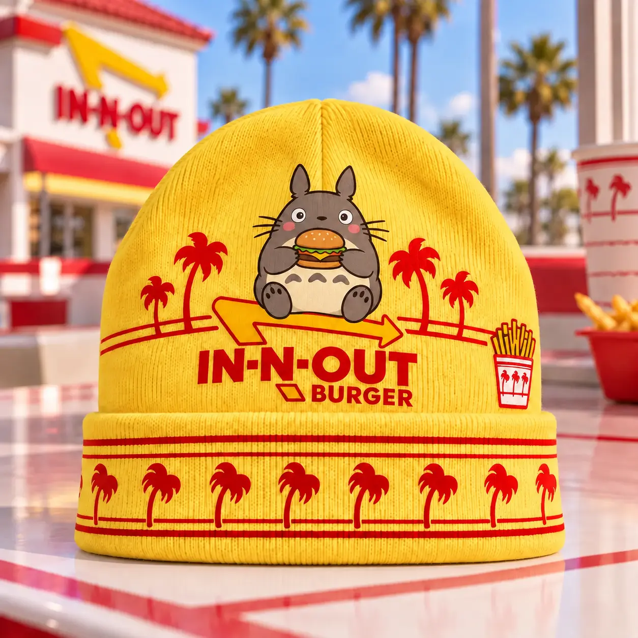 My Neighbor Totoro Forest Spirit IN-N-OUT Burger & Red Palm Tree Knit Beanie NDN - Image 3