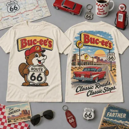 Buc-ee's Route 66 Road Trip T-Shirt for Classic Roads and Classic Highway Stops NDN flat front and back