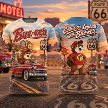 Buc-ee's Route 66 Classic Car 3D Shirt for Travelers Cruising the Legendary Highway NDN flat front and back