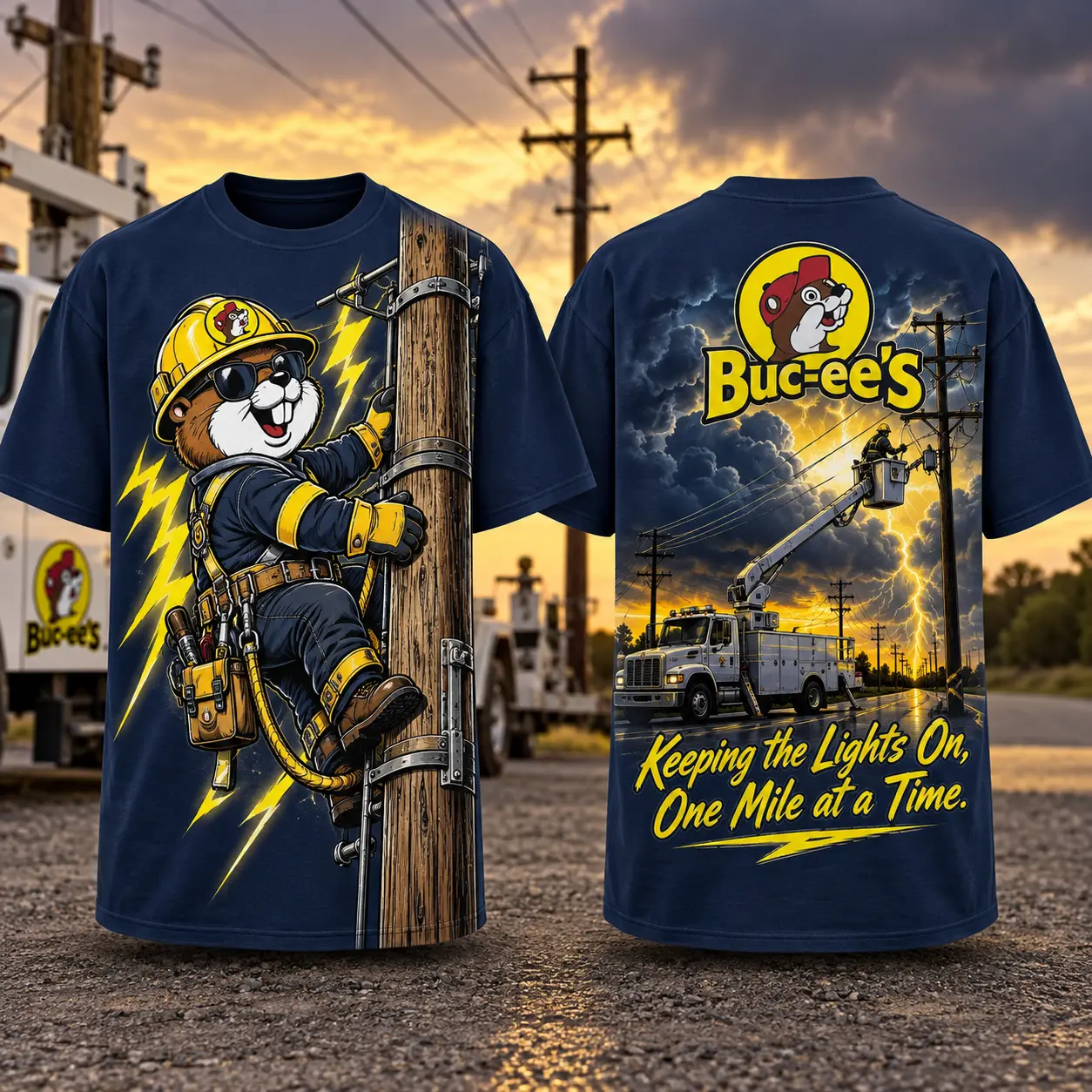 Buc-ee's Lineman Navy Powerline T-Shirt For Workers Who Keep The Lights On Everywhere NDN flat front and back