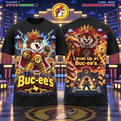 Buc-ee's Arcade King Pixel Adventure 3D Shirt for Dedicated Gamers Ready to Level Up NDN flat front and back