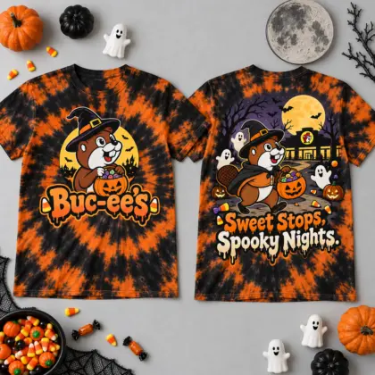 Buc-ee's Halloween Witch Tie Dye T-Shirt for Sweet Stops and Spooky Night Rides NDN flat front and back