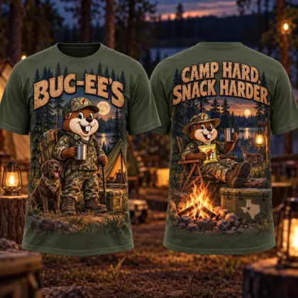 Buc-ee's Woodland Campfire 3D Shirt for Outdoor Fans Who Camp Hard and Snack Harder NDN flat front and back
