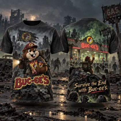 Buc-ee's Zombie Roadside Survival 3D Shirt for Adventurers Facing the End With Snacks NDN flat front and back
