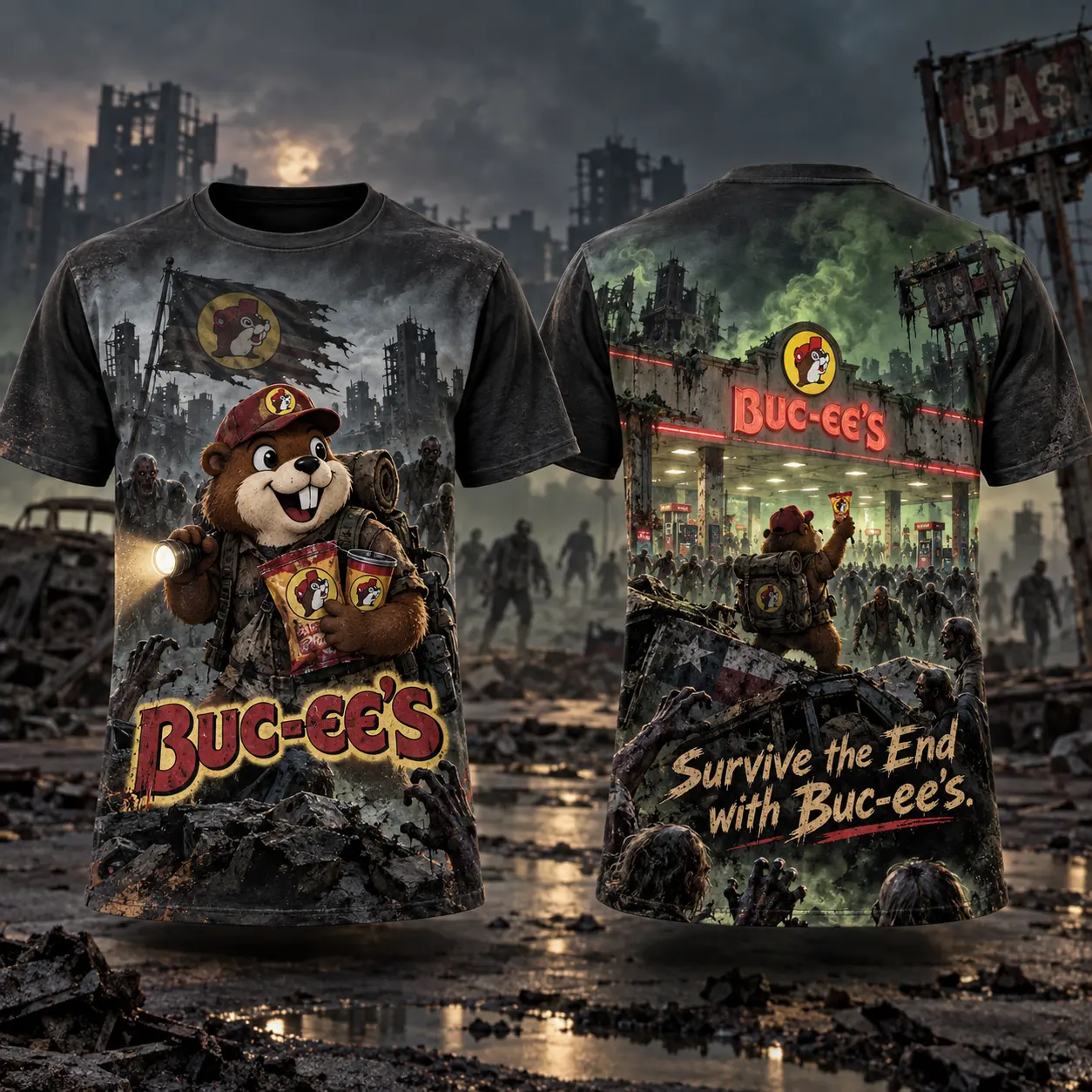 Buc-ee's Zombie Roadside Survival 3D Shirt for Adventurers Facing the End With Snacks NDN flat front and back