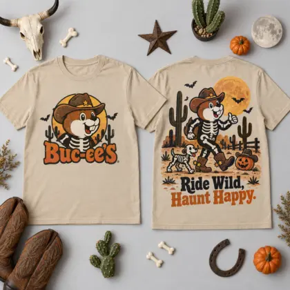 Buc-ee's Skeleton Cowboy Halloween T-Shirt for Fans Who Ride Wild and Haunt Happy NDN flat front and back