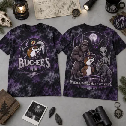 Buc-ee's Cryptid Forest Tie Dye T-Shirt Where Legends Make Their Next Pit Stop NDN flat front and back