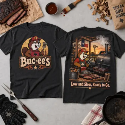 Buc-ee's Barbecue Grill Beaver T-Shirt for Cooks Going Low and Slow Every Day NDN flat front and back