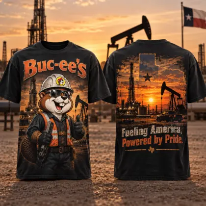 Buc-ee's Oilfield Worker Graphic T-Shirt For Crews Fueling America With Pride Every Day NDN flat front and back