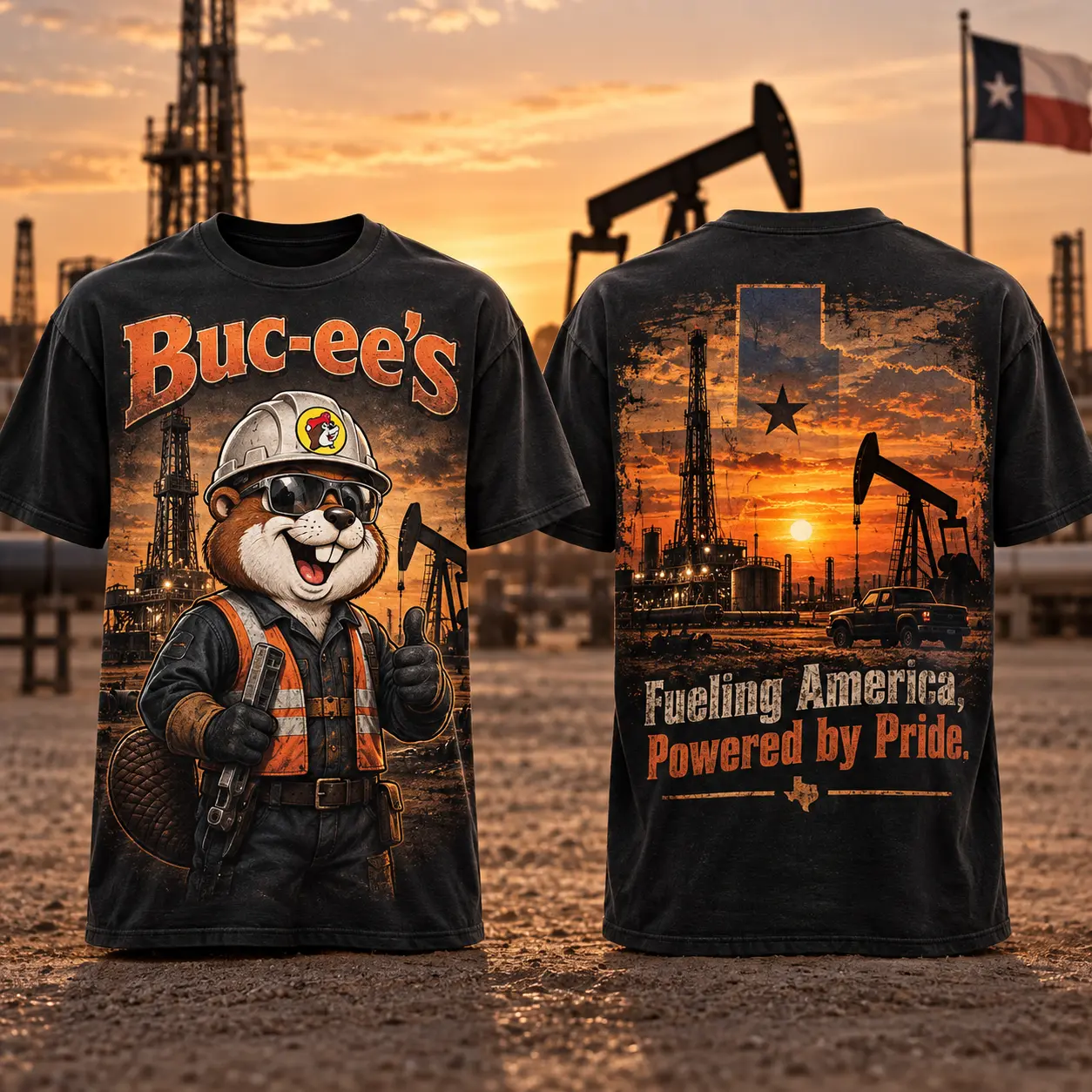 Buc-ee's Oilfield Worker Graphic T-Shirt For Crews Fueling America With Pride Every Day NDN flat front and back