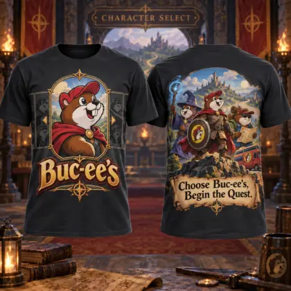 Buc-ee's Fantasy Quest Hero T-Shirt for Adventurers Ready to Choose Their Next Journey NDN flat front and back