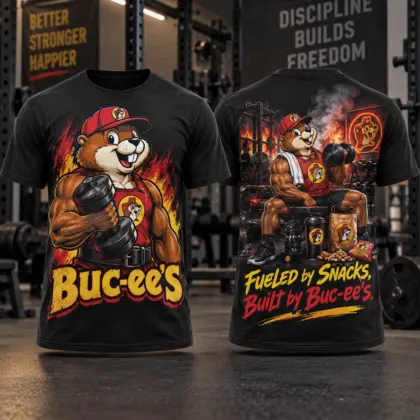 Buc-ee's Muscular Gym Beaver T-Shirt for Fitness Fans Fueled by Snacks and Determination NDN flat front and back