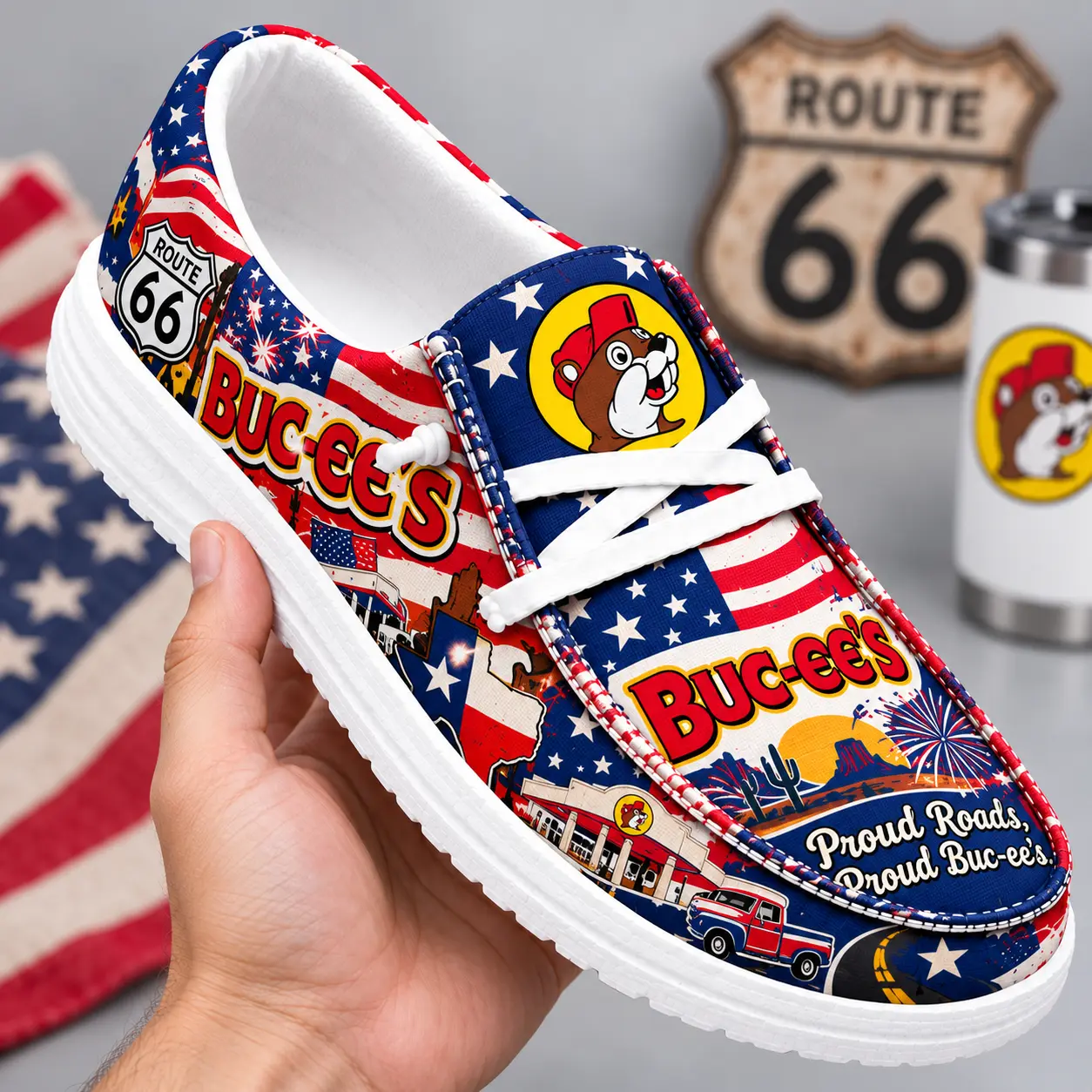 Buc-ee's Proud Roots Patriotic Flag Print Canvas Loafer Shoes For American Road Trips NDN hand-held loafer