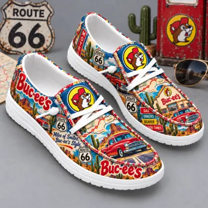 Buc-ee's Route 66 Vintage Car Print Canvas Loafer Shoes For Classic Highway Drives NDN standalone loafer