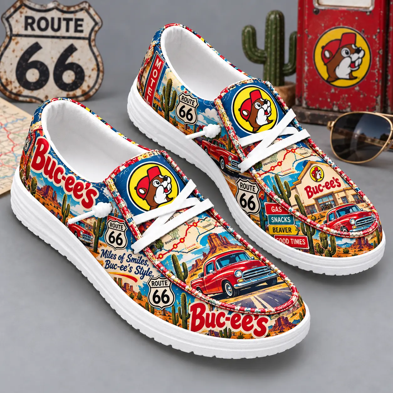 Buc-ee's Route 66 Vintage Car Print Canvas Loafer Shoes For Classic Highway Drives NDN standalone loafer