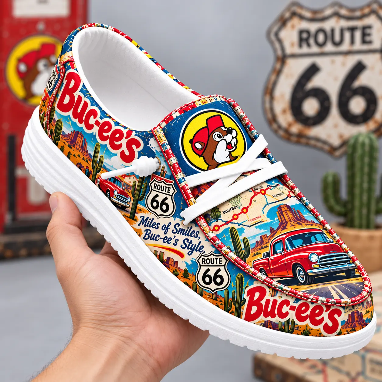 Buc-ee's Route 66 Vintage Car Print Canvas Loafer Shoes For Classic Highway Drives NDN hand-held loafer