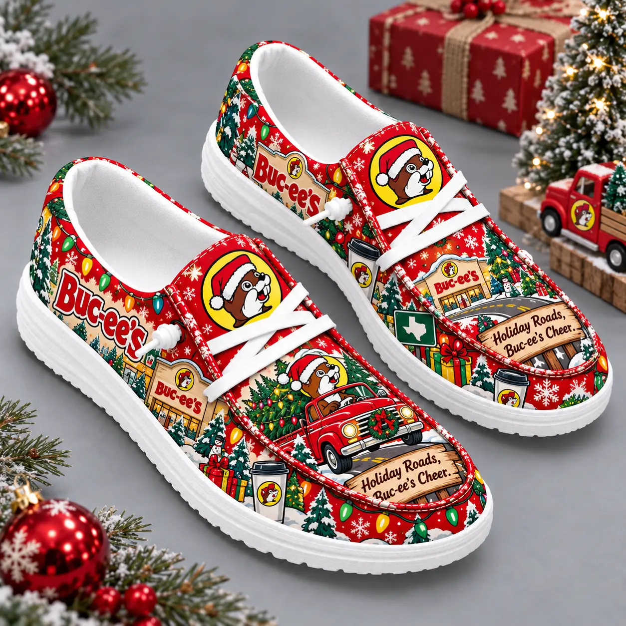 Buc-ee's Christmas Santa Beaver Truck Print Canvas Loafer Shoes For Holiday Travel NDN standalone loafer
