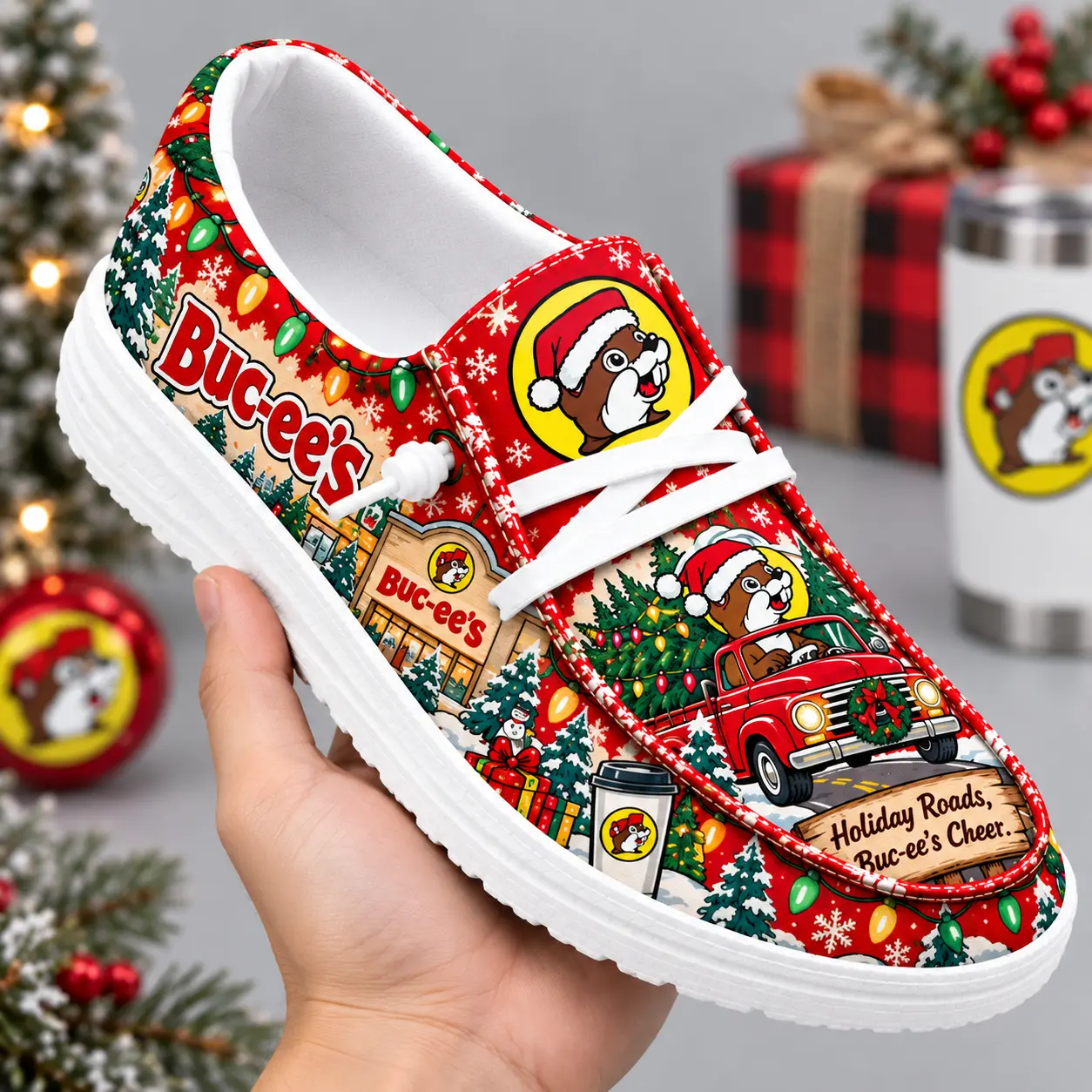 Buc-ee's Christmas Santa Beaver Truck Print Canvas Loafer Shoes For Holiday Travel NDN hand-held loafer
