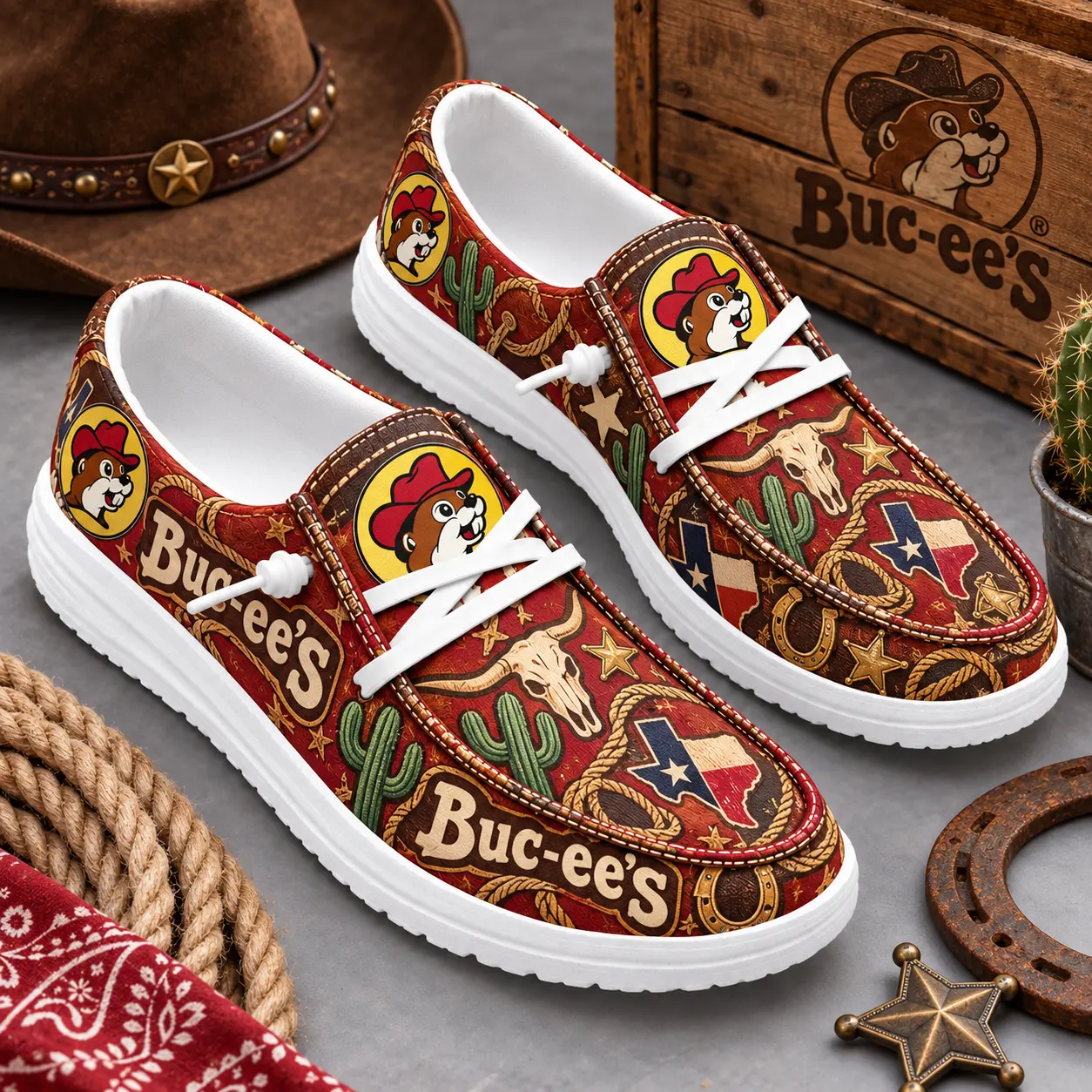 Buc-ee's Cowboy Beaver Longhorn Skull Print Canvas Loafer Shoes For Western Adventures NDN standalone loafer