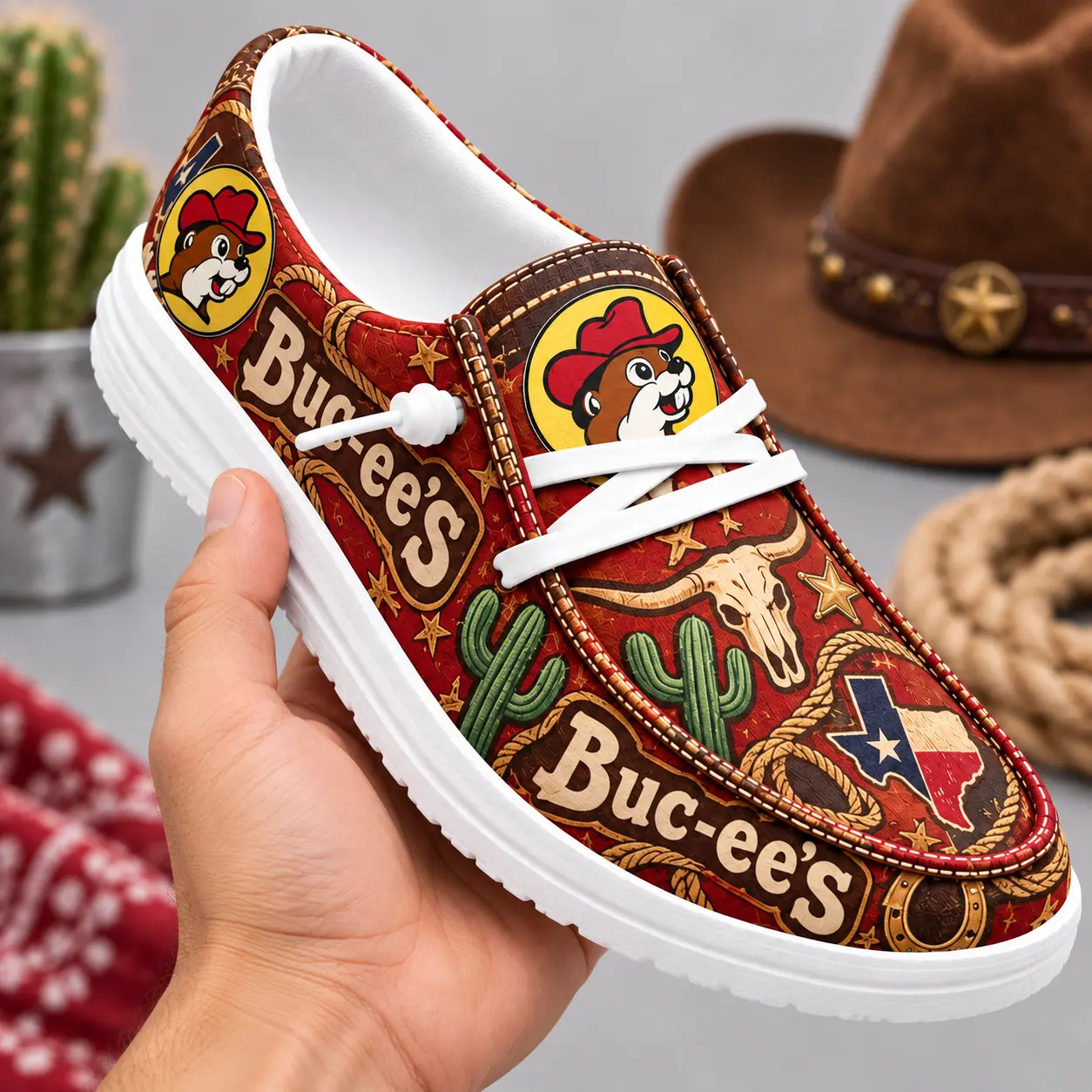 Buc-ee's Cowboy Beaver Longhorn Skull Print Canvas Loafer Shoes For Western Adventures NDN hand-held loafer