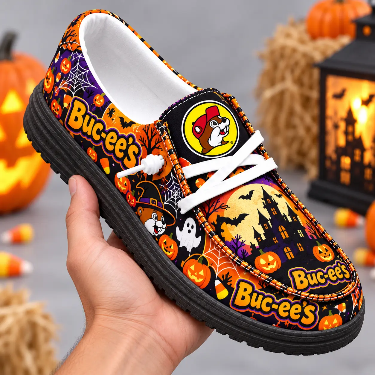 Buc-ee's Halloween Ghost Pumpkin Print Canvas Loafer Shoes For Spooky Season Nights NDN hand-held loafer