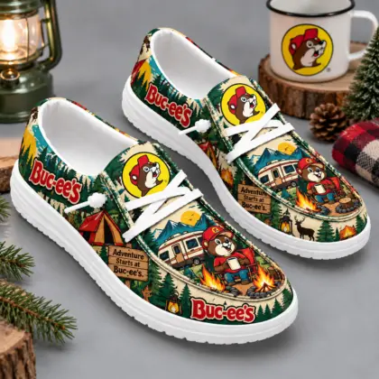 Buc-ee's Campfire Cabin Forest Print Canvas Loafer Shoes For Outdoor Weekend Trips NDN standalone loafer