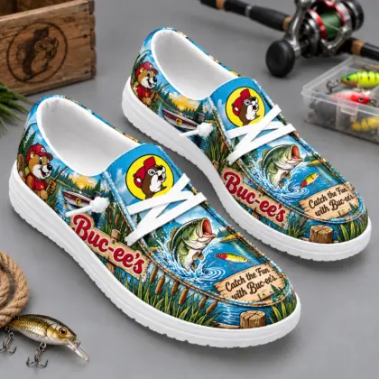 Buc-ee's Fishing Bass Lake Print Canvas Loafer Shoes For Catch The Fun Weekends NDN standalone loafer