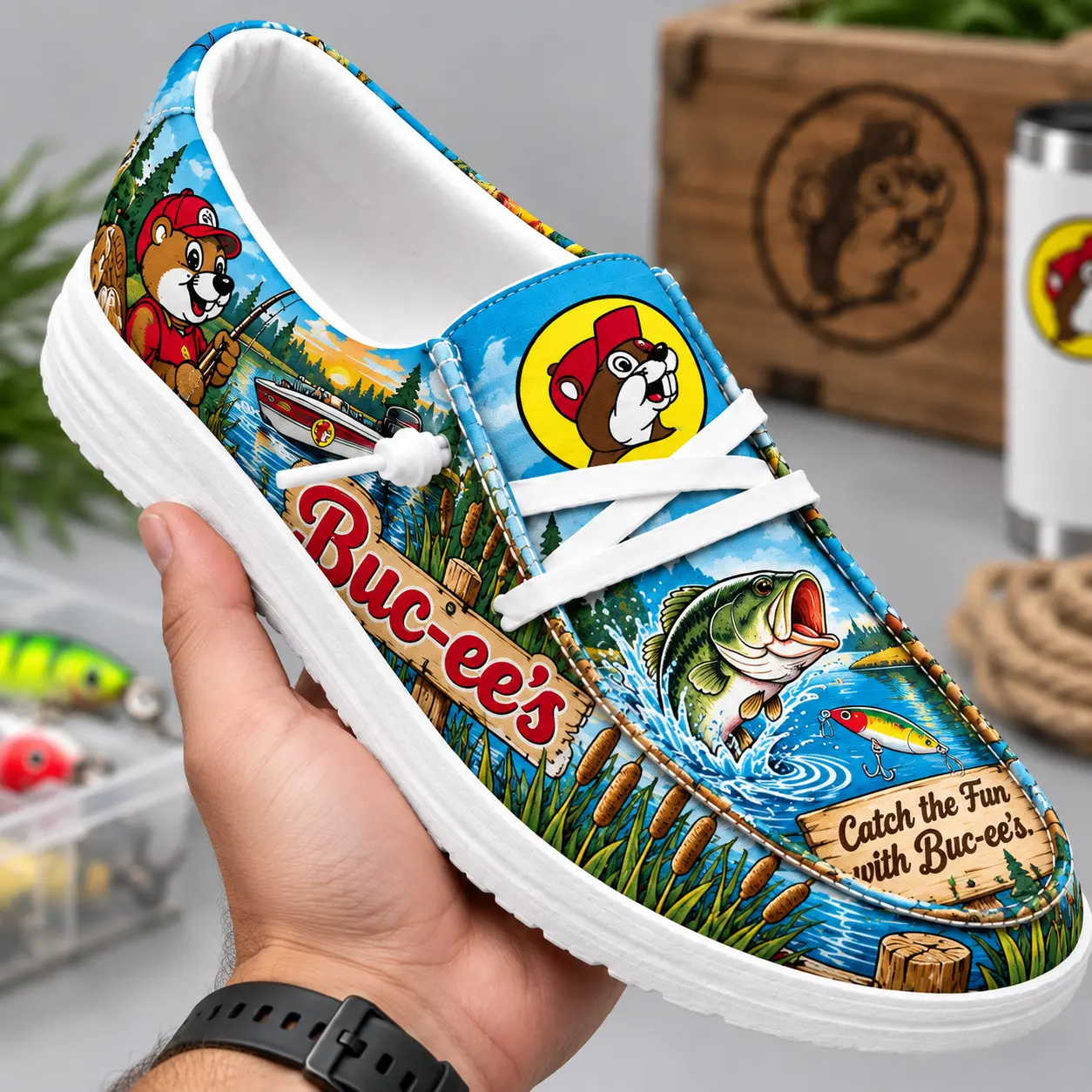 Buc-ee's Fishing Bass Lake Print Canvas Loafer Shoes For Catch The Fun Weekends NDN hand-held loafer