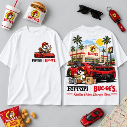 Buc-ee's Ferrari Red Sports Car T-Shirt For Redline Drives And Road Trip Vibes NDN flat