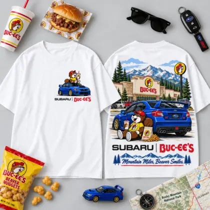 Buc-ee's Subaru Blue Rally Car T-Shirt For Mountain Drives And Snack Breaks NDN flat