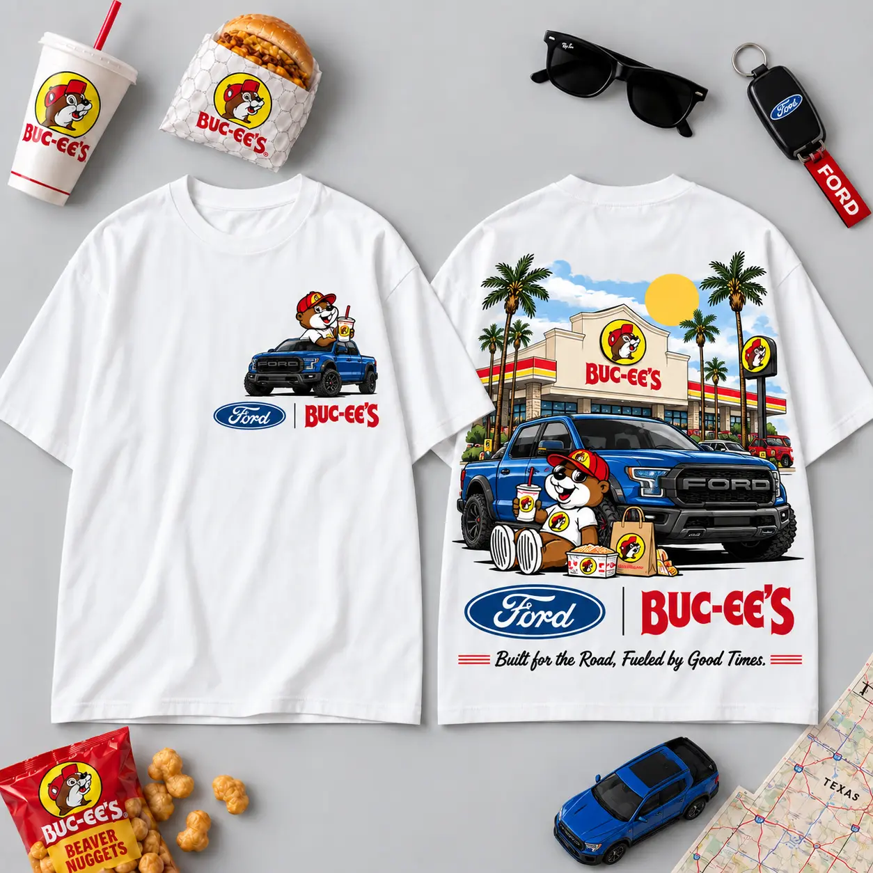 Buc-ee's Ford Blue Pickup T-Shirt For Open Road Adventures Fueled By Good Times NDN flat