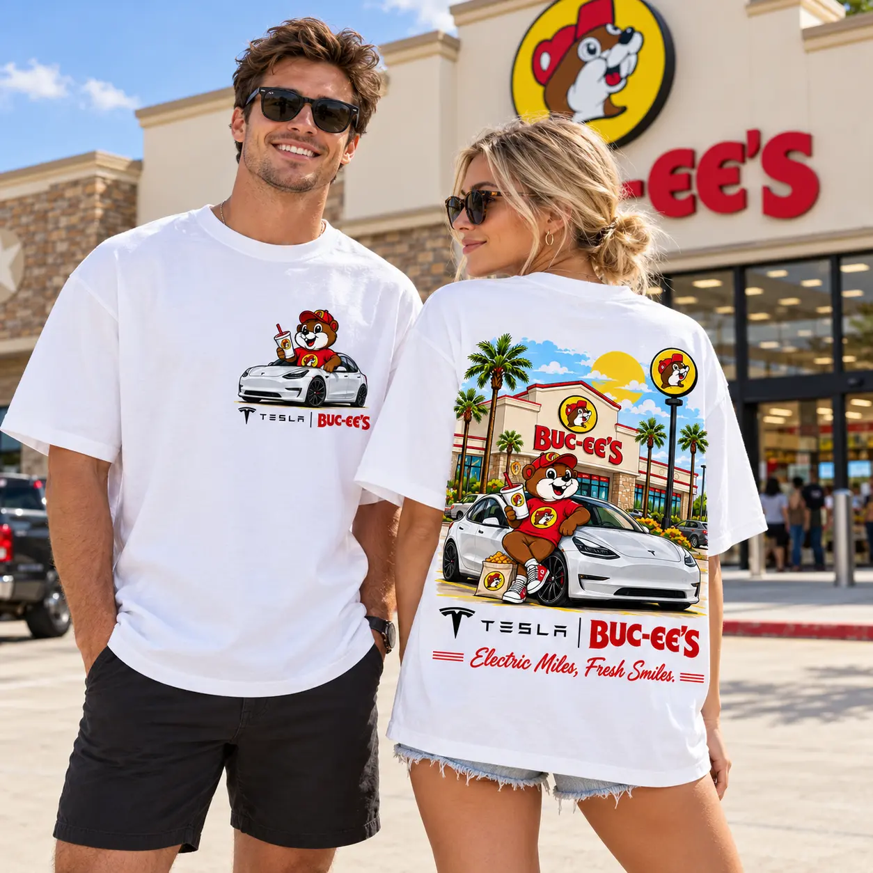 Buc-ee's Tesla White Car Beaver 3D Shirt For Charged Up Drives And Snack Stops NDN worn