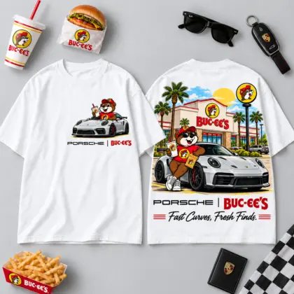 Buc-ee's Porsche White Sports Car Beaver 3D Shirt For Fast Curves And Fresh Finds NDN flat