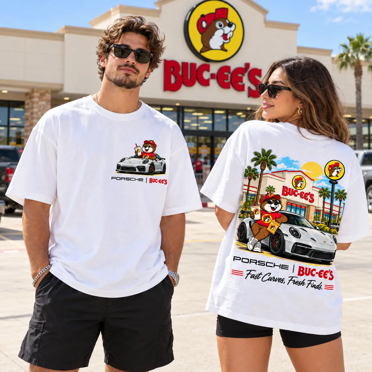 Buc-ee's Porsche White Sports Car Beaver 3D Shirt For Fast Curves And Fresh Finds NDN worn