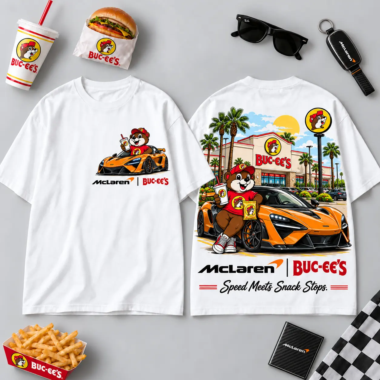 Buc-ee's McLaren Orange Sports Car Beaver 3D Shirt For Fast Lanes And Snack Runs NDN flat