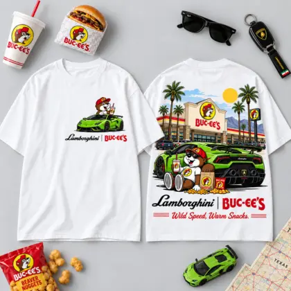 Buc-ee's Lamborghini Green Supercar T-Shirt For Drivers Chasing Wild Speed And Warm Snacks NDN flat