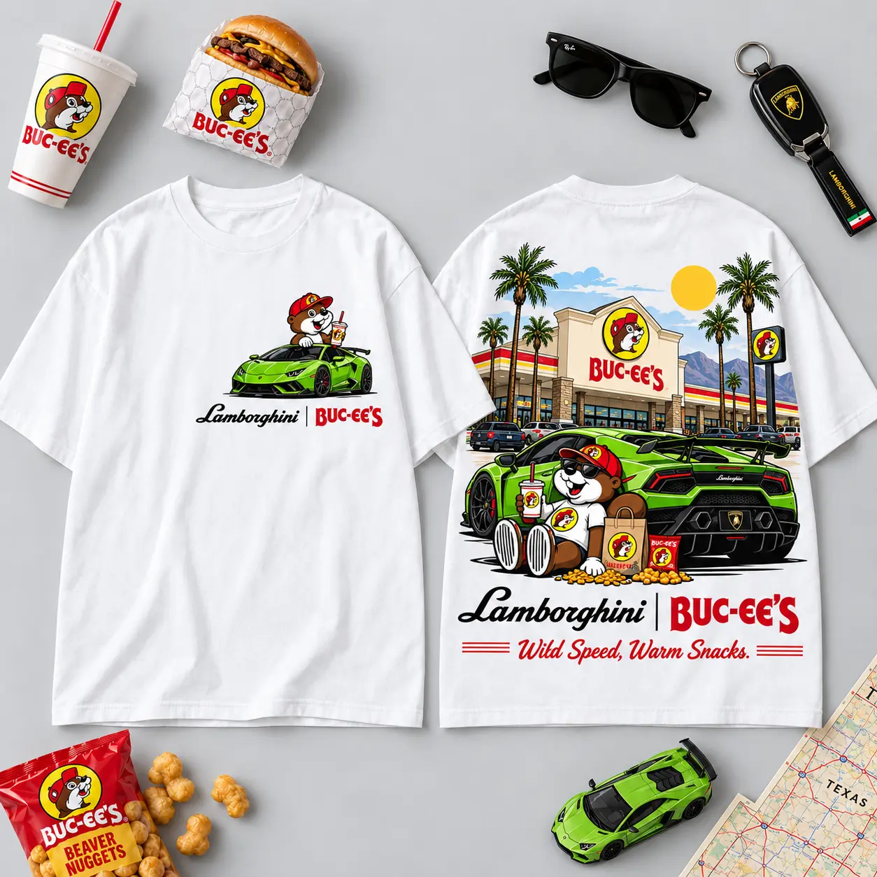 Buc-ee's Lamborghini Green Supercar T-Shirt For Drivers Chasing Wild Speed And Warm Snacks NDN flat