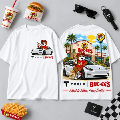 Buc-ee's Tesla White Car Beaver 3D Shirt For Charged Up Drives And Snack Stops NDN flat