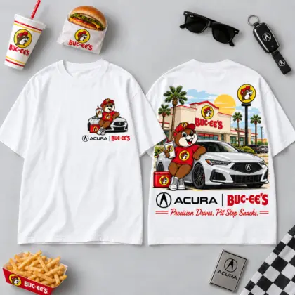 Buc-ee's Acura White Sedan Beaver 3D Shirt For Precision Drives And Sunny Pit Stops NDN flat