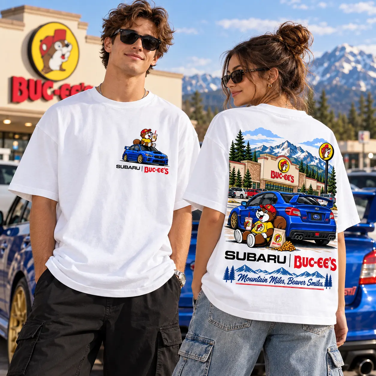 Buc-ee's Subaru Blue Rally Car T-Shirt For Mountain Drives And Snack Breaks NDN worn