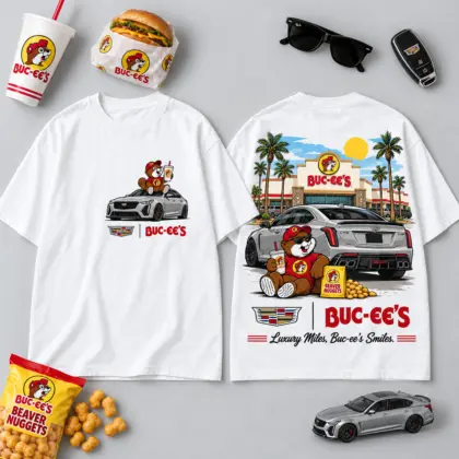 Buc-ee's Cadillac Silver Sedan T-Shirt For Luxury Miles And Road Trip Smiles NDN flat