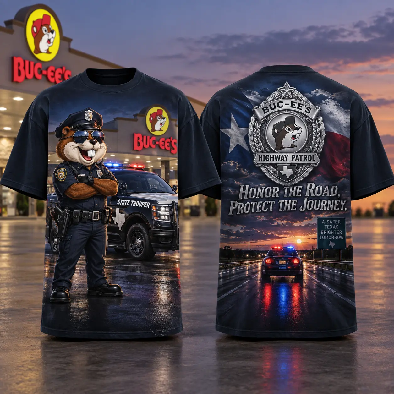 Buc-ee's Police Blue Patrol T-Shirt For Those Who Honor And Protect The Journey NDN flat front and back