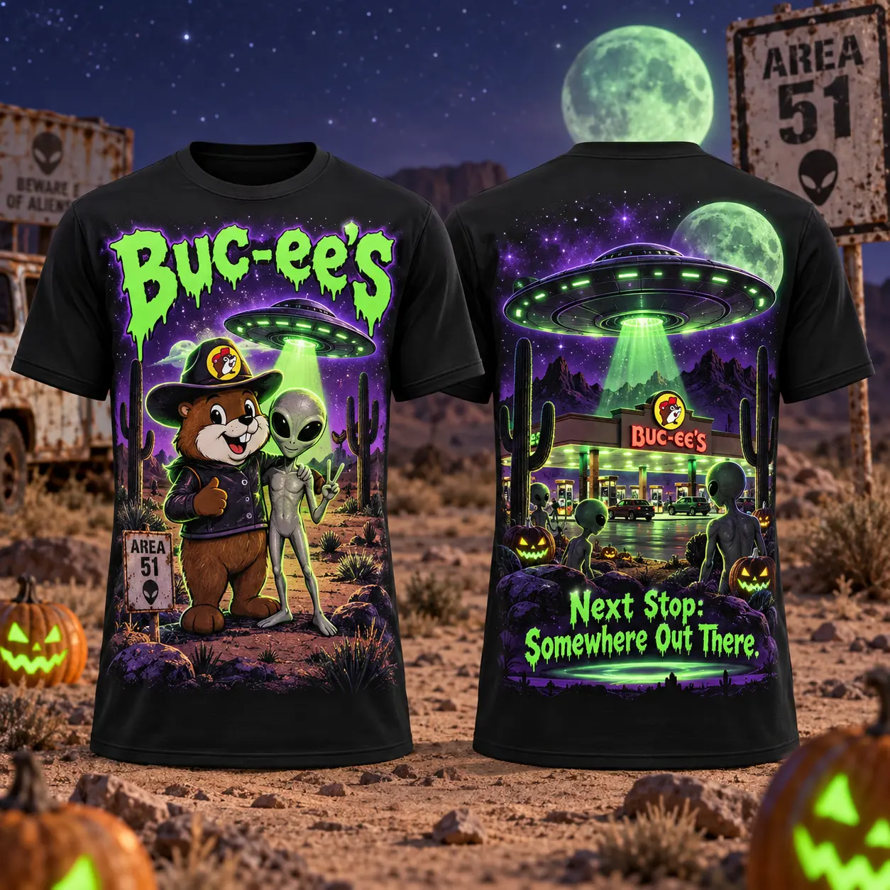 Buc-ee's Alien Green Cosmic T-Shirt For Road Trippers Whose Next Stop Is Out There NDN flat front and back