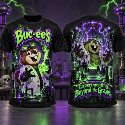 Buc-ee's Mad Scientist Neon T-Shirt For Halloween Minds Experimenting Beyond The Grave Tonight NDN flat front and back