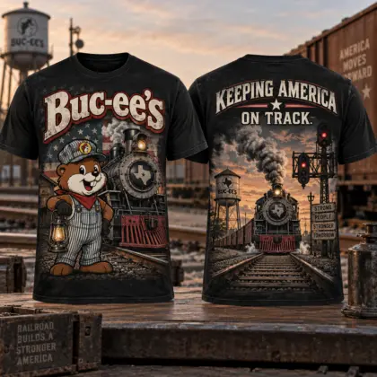 Buc-ee's Railroad Train Graphic T-Shirt For Rail Fans Keeping America On Track Together NDN flat front and back