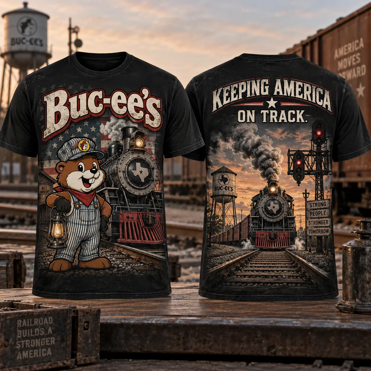 Buc-ee's Railroad Train Graphic T-Shirt For Rail Fans Keeping America On Track Together NDN flat front and back