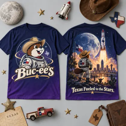 Buc-ee's Texas Astronaut Beaver T-Shirt for Dreamers Fueled Straight to the Stars NDN flat front and back