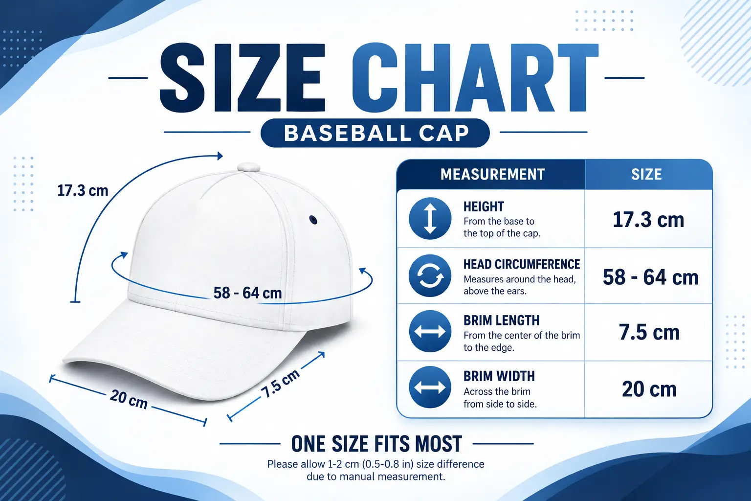Cap size chart: height 17.3 cm, circumference 58-64 cm, brim length 7.5 cm, brim width 20 cm; one size fits most; allow 1-2 cm (0.5-0.8 in)