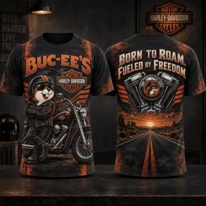 Buc-ee's Harley Motorcycle Graphic T-Shirt For Free Spirits Born To Roam The Open Road NDN flat front and back