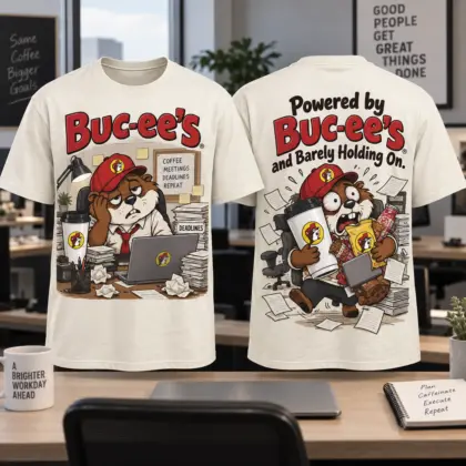 Buc-ee's Office Coffee Beaver T-Shirt for Busy Workdays When You Are Barely Holding On NDN flat front and back